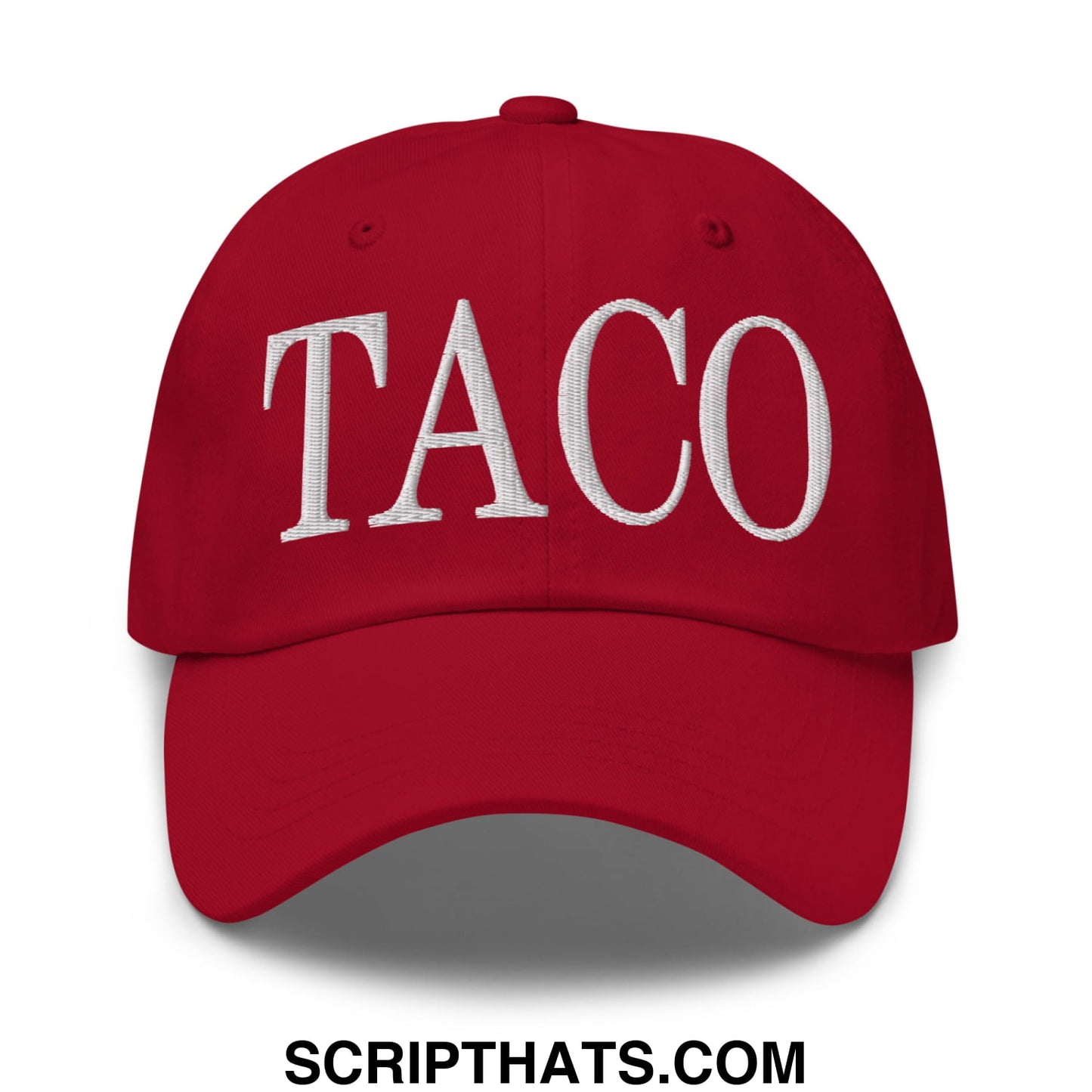 Red unstructured dad hat with white embroidered taco lettering perfect for casual wear and sun protection