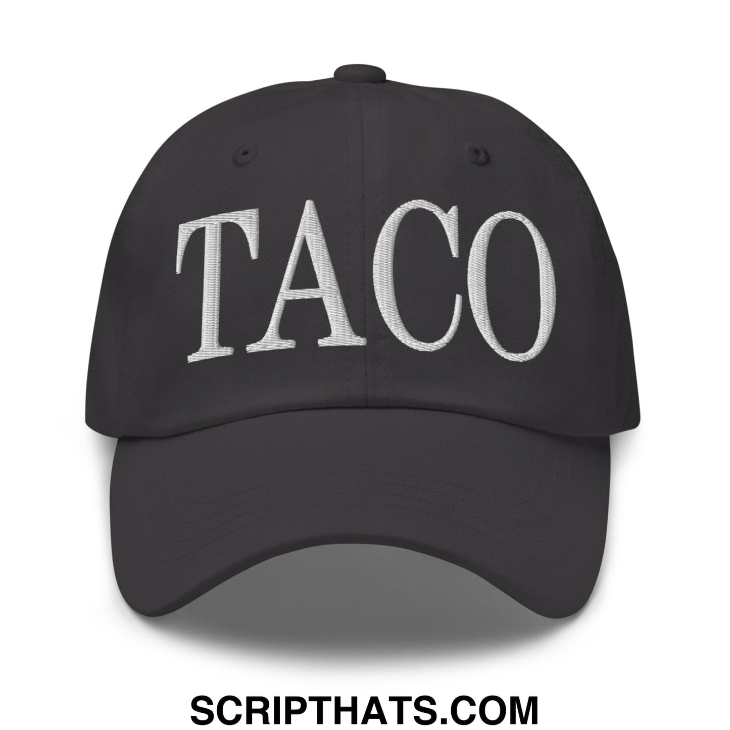 Black unstructured dad hat with white embroidered taco lettering perfect for casual wear