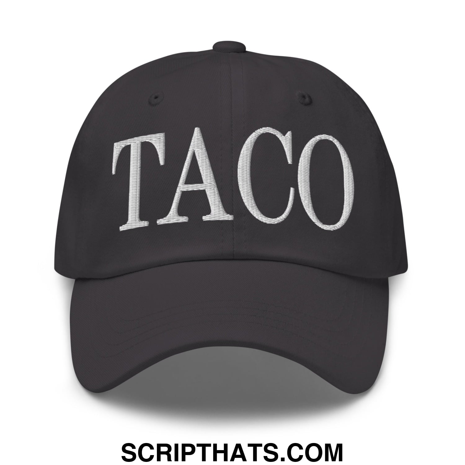 Black unstructured dad hat with white embroidered taco lettering perfect for casual wear