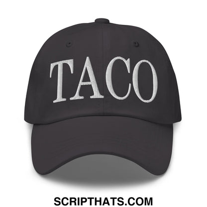 Black unstructured dad hat with white embroidered taco lettering perfect for casual wear