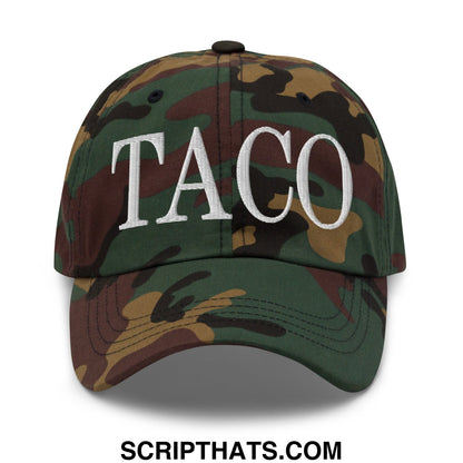 A camouflage unstructured dad hat with white taco embroidery on the front for casual everyday wear