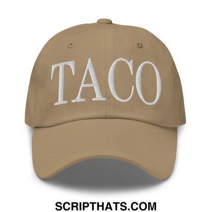 Tan unstructured dad hat with white embroidered taco lettering on the front made of soft cotton material