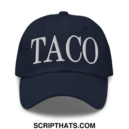 Navy blue unstructured dad hat with white embroidered taco lettering on front