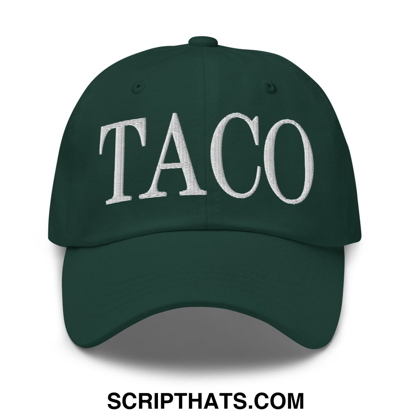 Dark green unstructured dad hat with white embroidered taco lettering on the front perfect for casual wear
