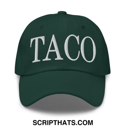 Dark green unstructured dad hat with white embroidered taco lettering on the front perfect for casual wear