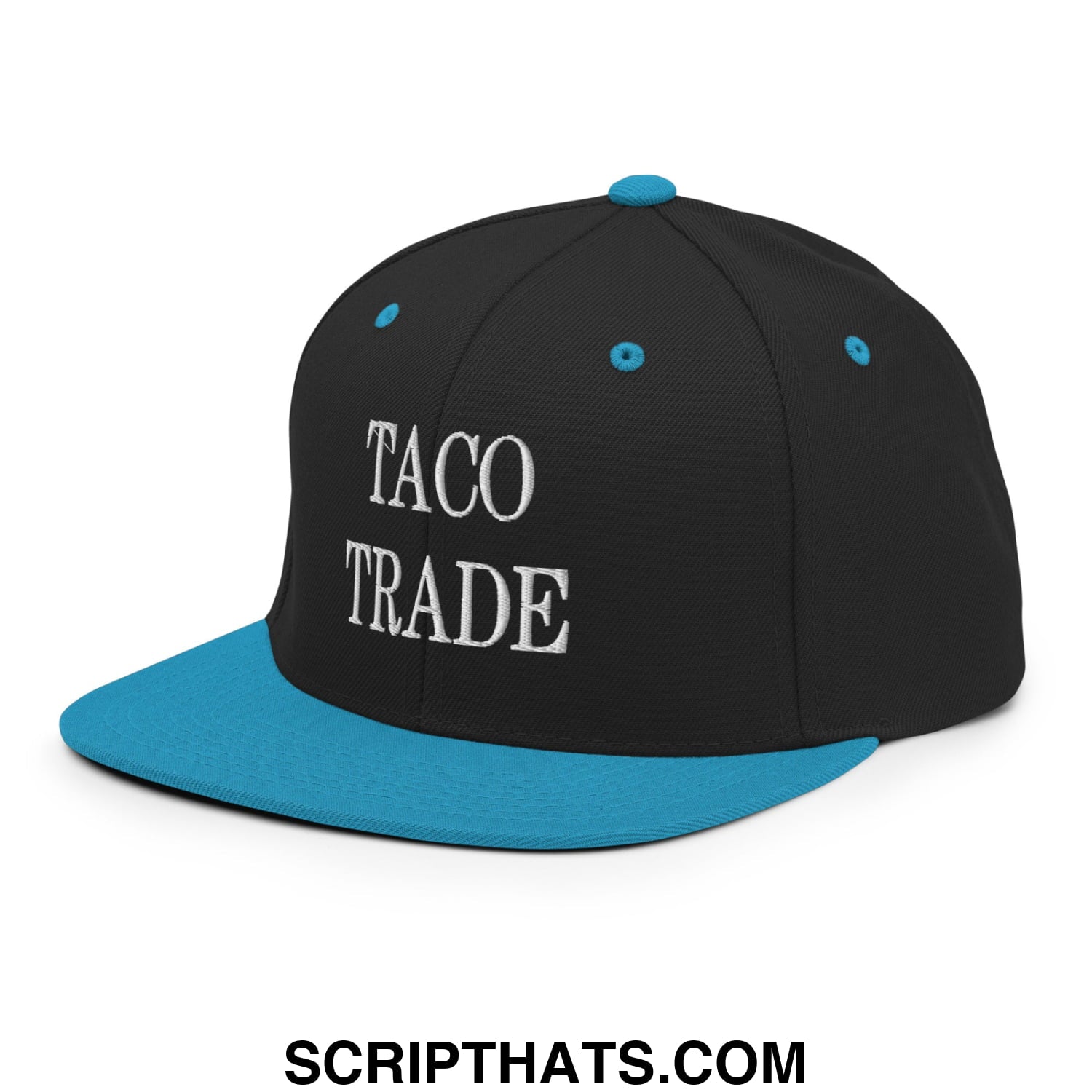 Black and teal snapback hat with taco trade embroidered in white on the front flat bill brim snapback hat