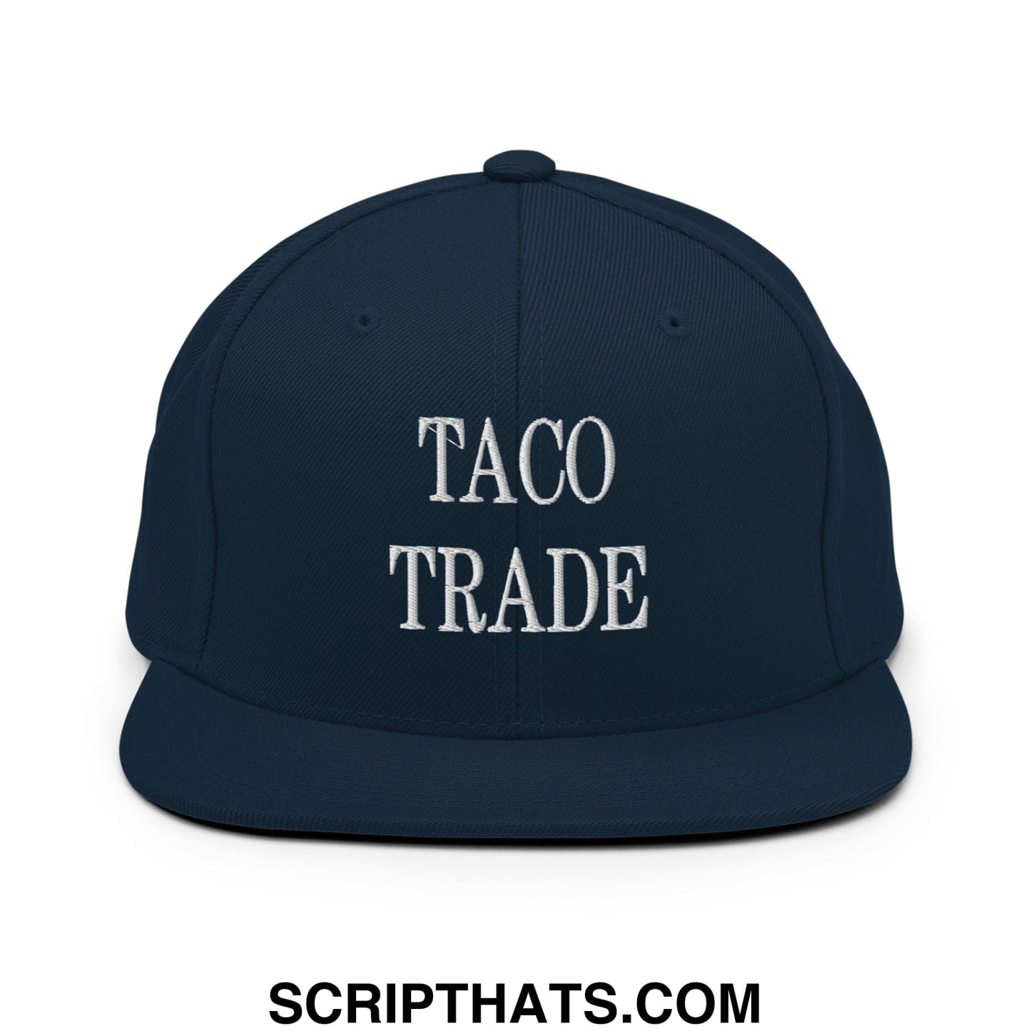 Navy blue snapback hat with white embroidered taco trade text and flat bill brim perfect for casual wear