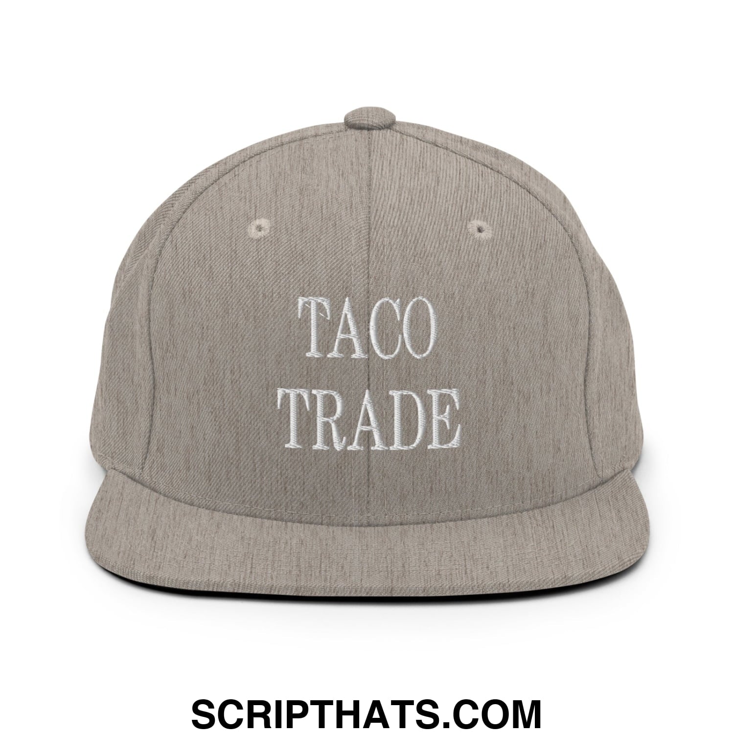 Gray flat bill snapback hat with white embroidered taco trade text on the front panel