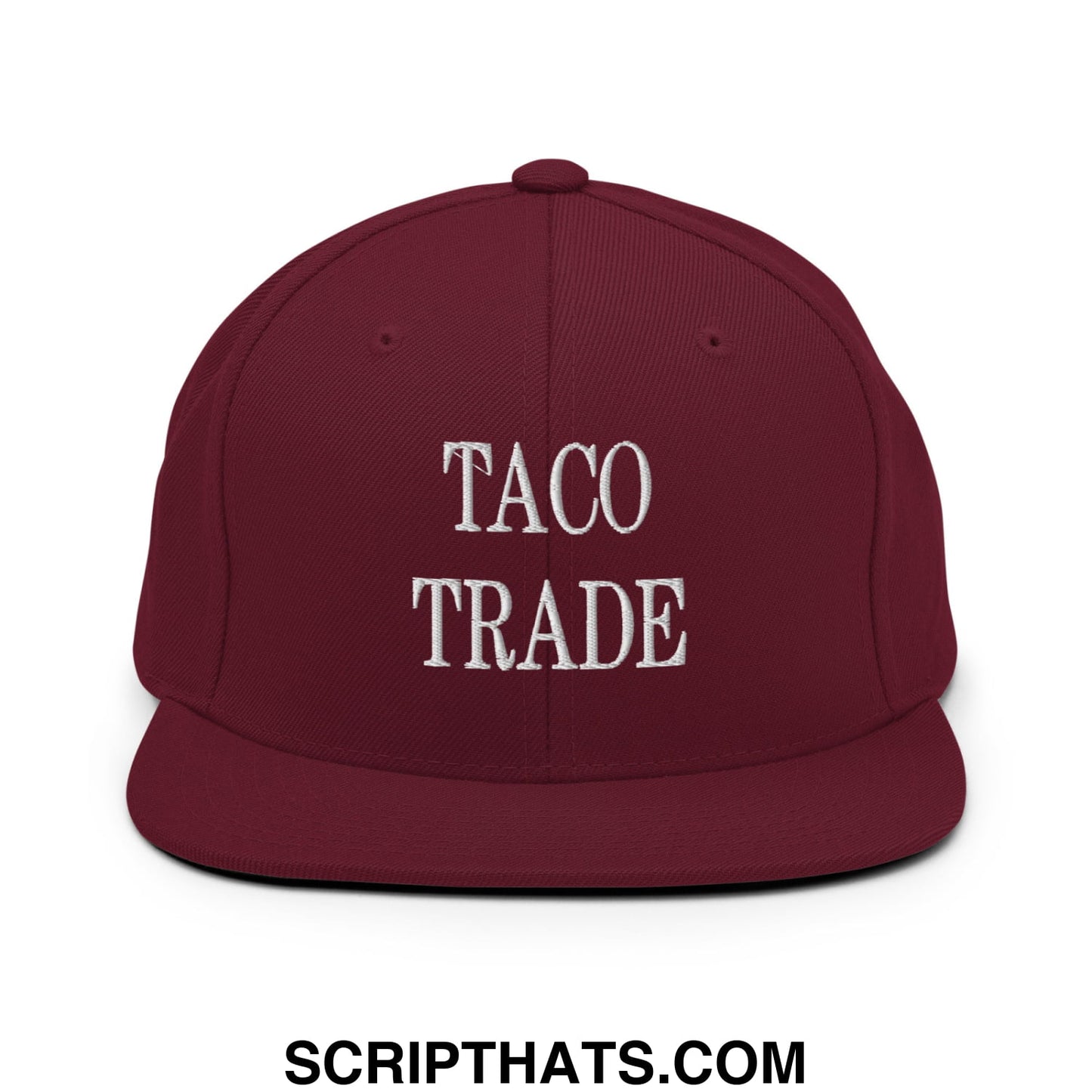 Maroon flat bill snapback hat with white embroidered taco trade text perfect for casual streetwear