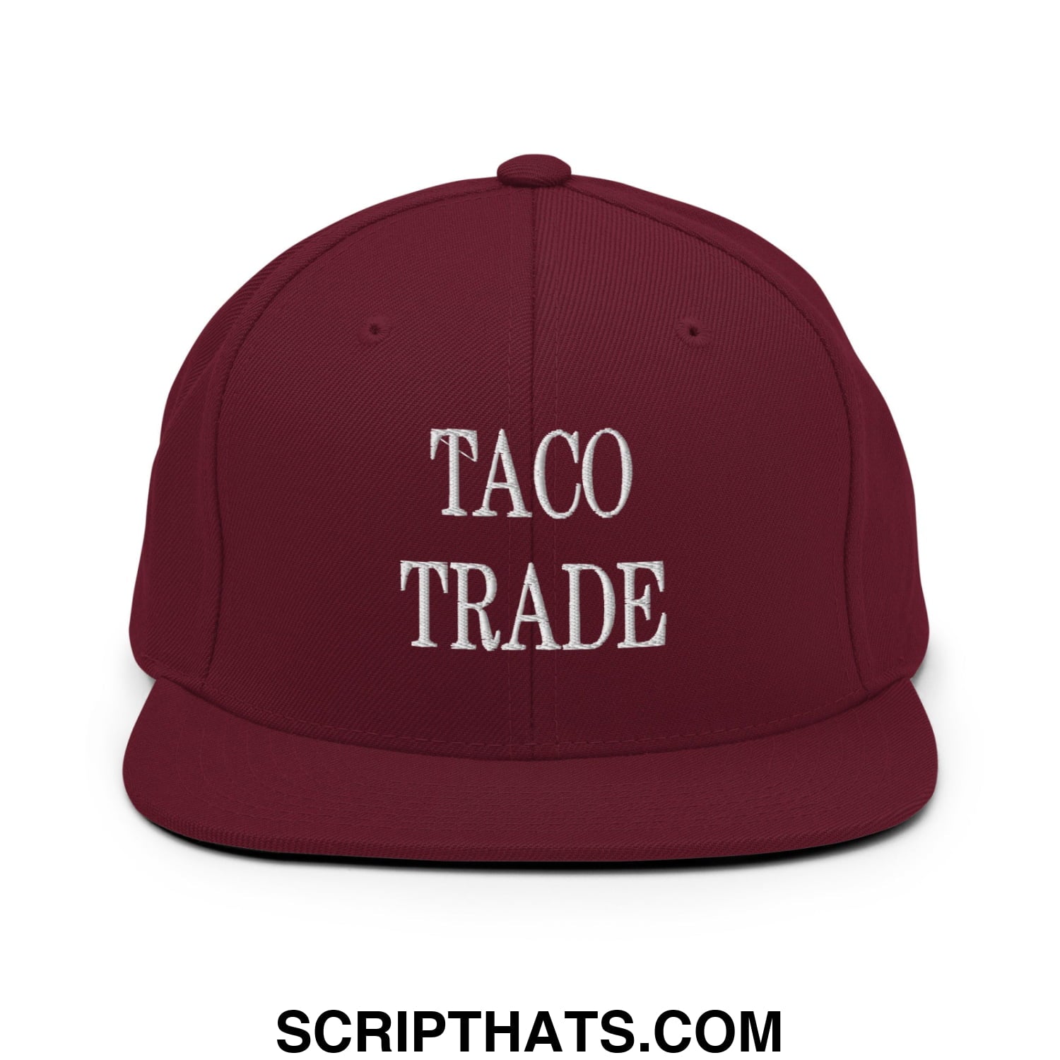 Maroon flat bill snapback hat with white embroidered taco trade text perfect for casual streetwear