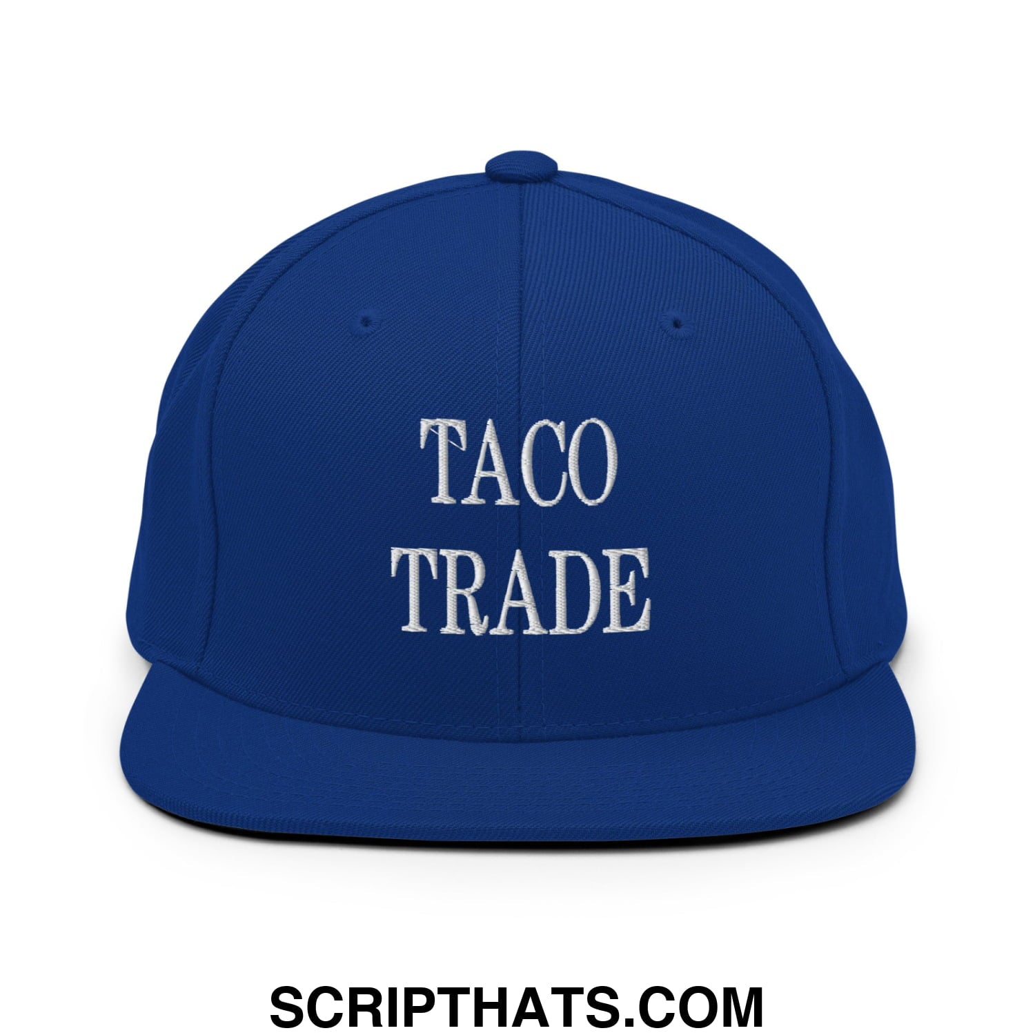 Royal blue snapback hat with white embroidered taco trade text and flat bill brim for casual wear