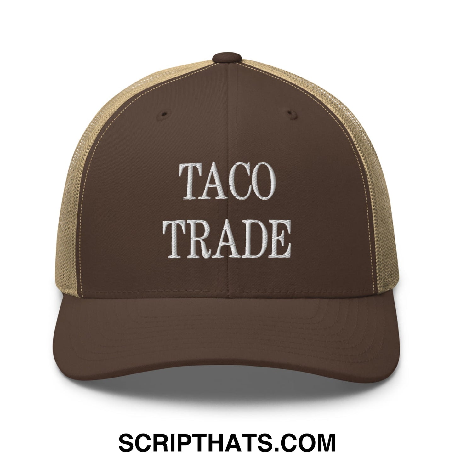 Brown and tan mesh trucker hat with taco trade embroidered in white on the front panel