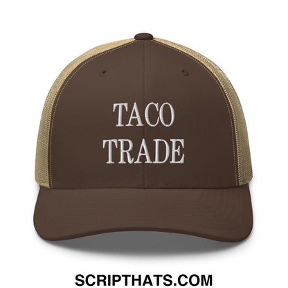 Brown and tan mesh trucker hat with taco trade embroidered in white on the front panel