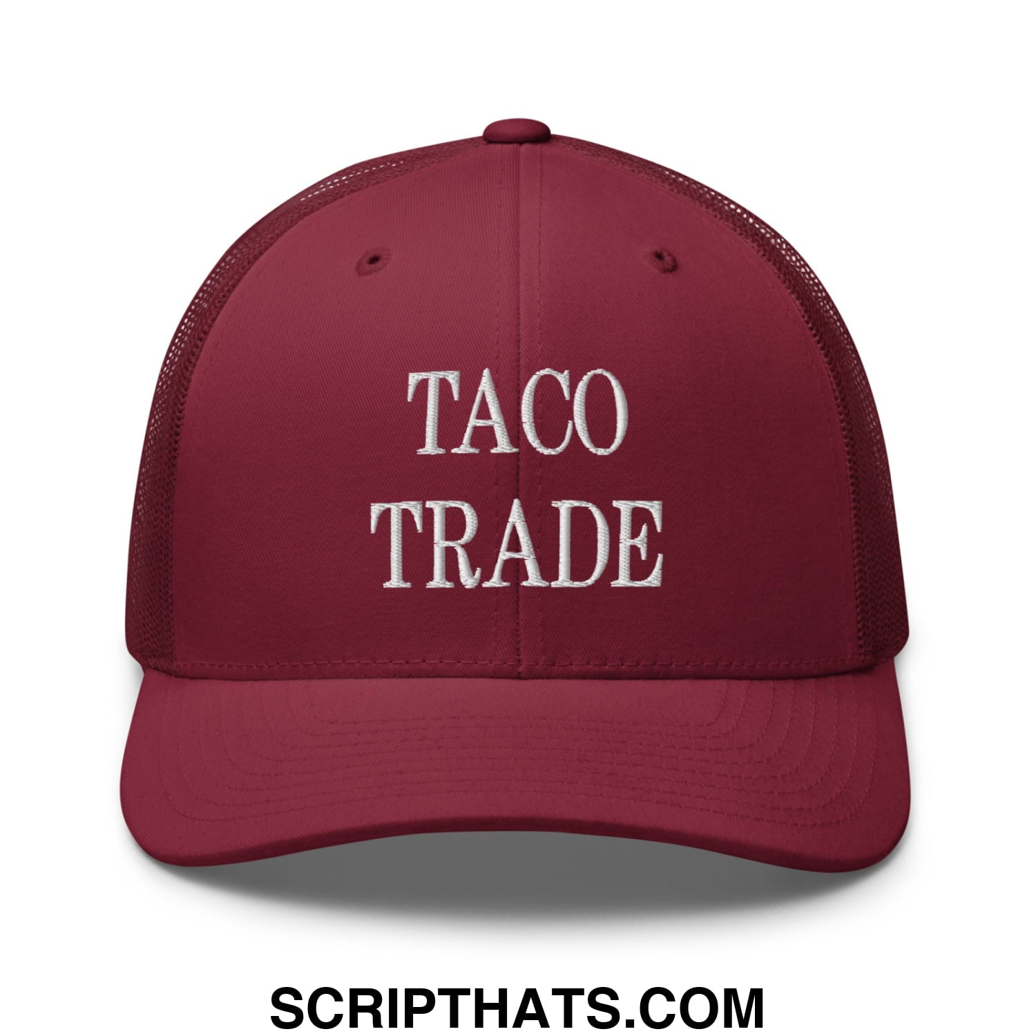 Maroon mesh trucker hat with white embroidered taco trade text on the front in a Taco Trade Embroidered Mesh Trucker Hat