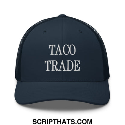 Dark navy mesh trucker hat with white embroidered taco trade text on the front for casual wear
