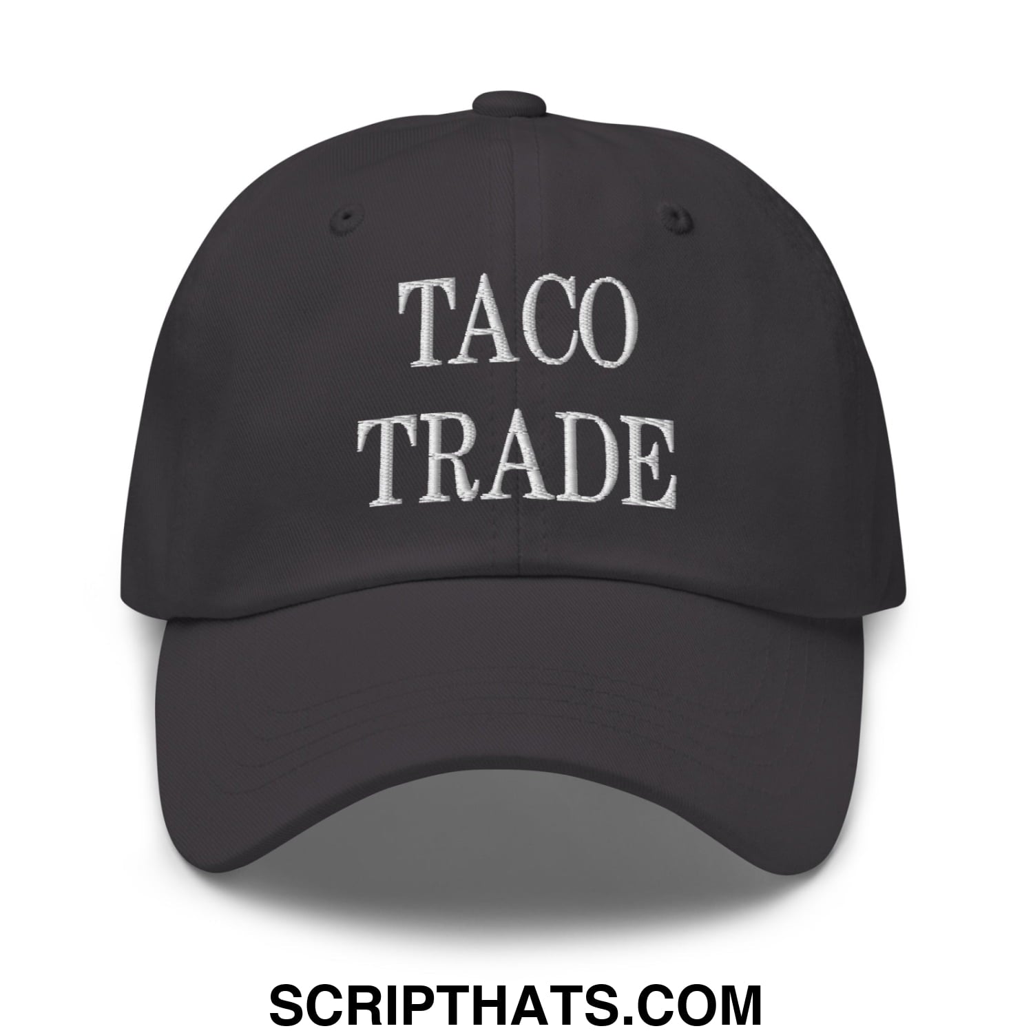 Black unstructured dad hat with white embroidered taco trade text ideal for casual wear and sun protection