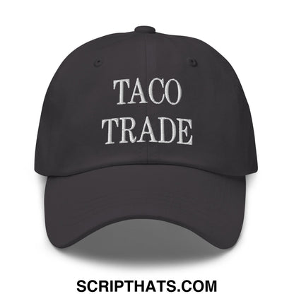 Black unstructured dad hat with white embroidered taco trade text ideal for casual wear and sun protection