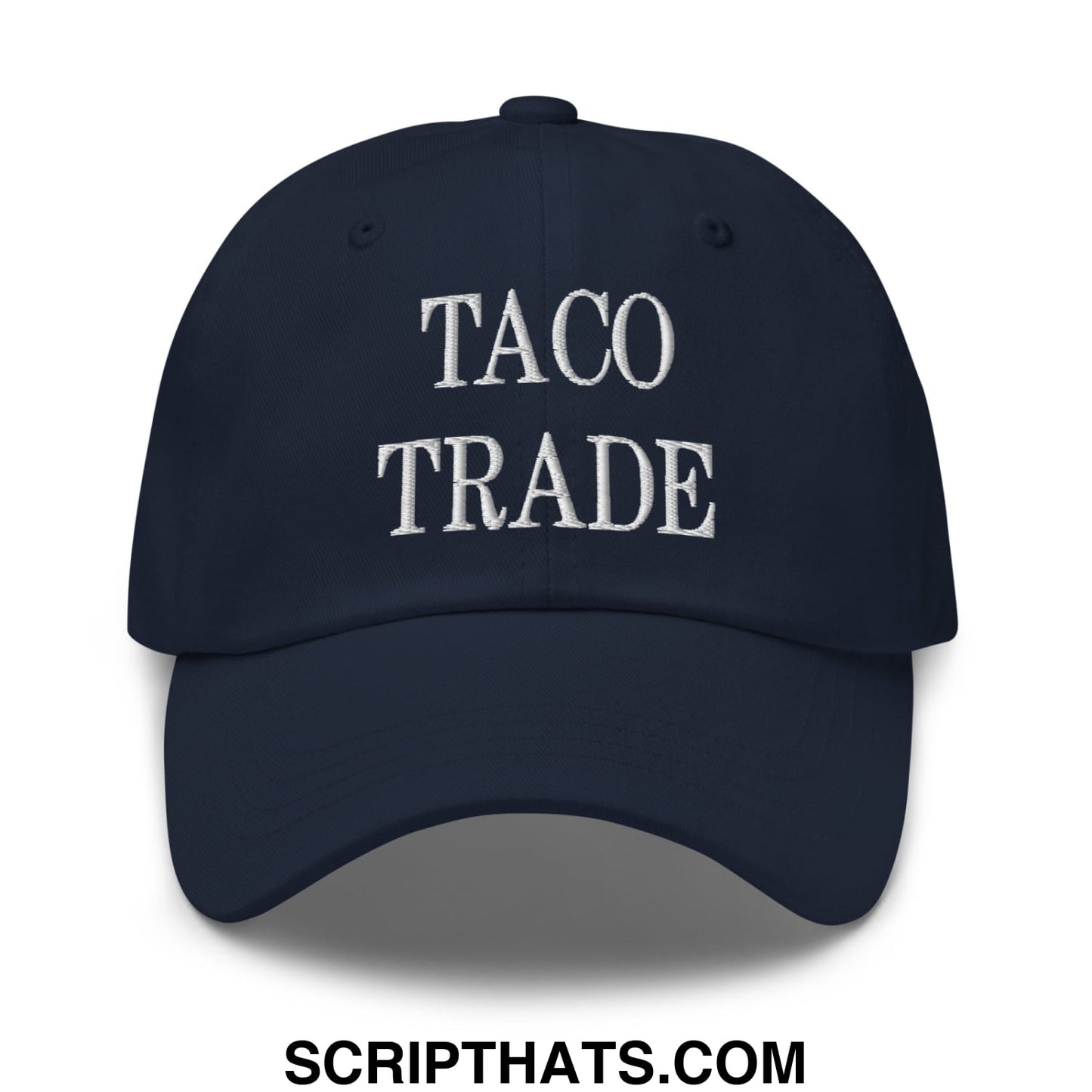 Navy blue unstructured dad hat with white embroidered taco trade text featuring a comfortable cotton fabric design