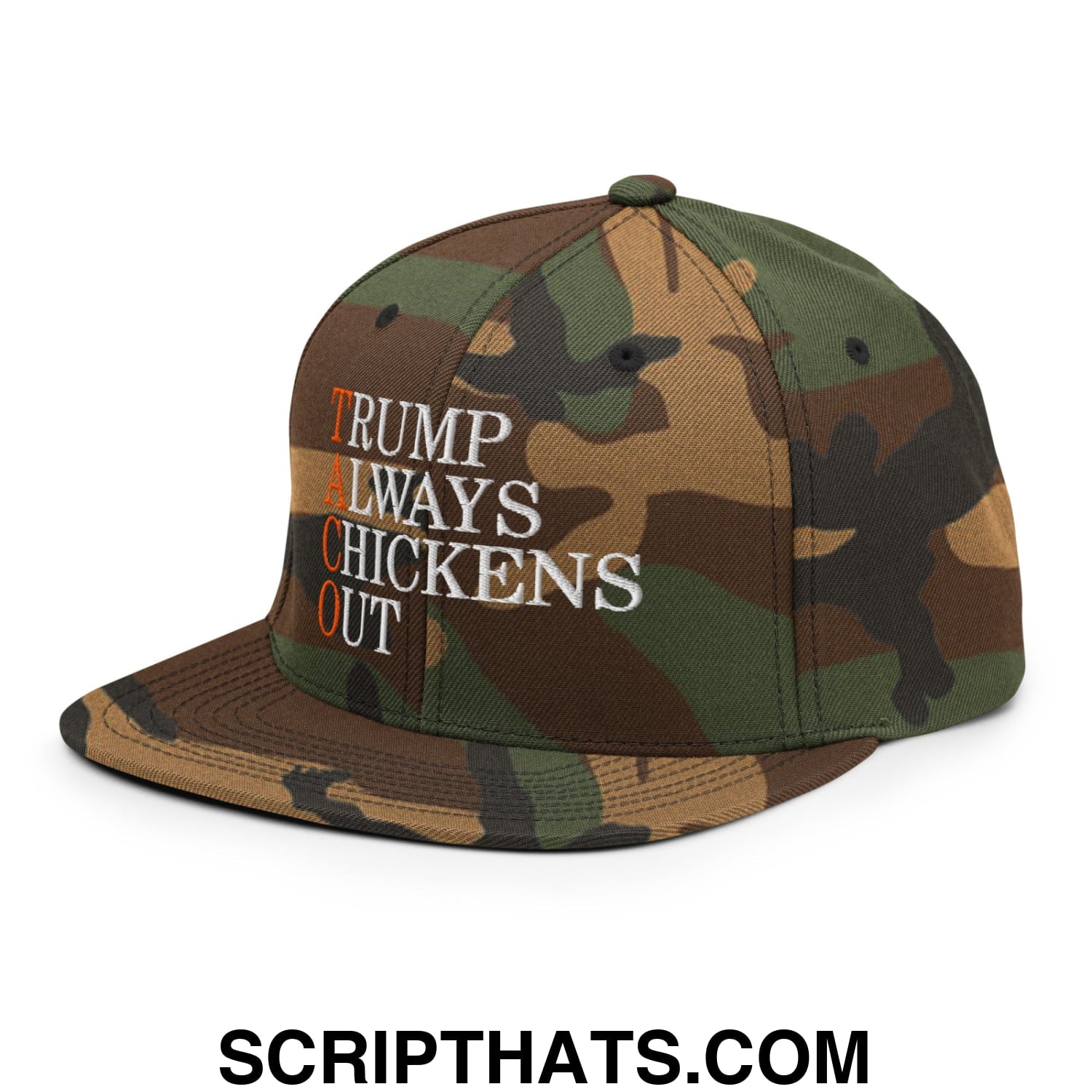 TACO Trump Always Chickens Out Embroidered Flat Bill Brim Snapback Hat Green Camo