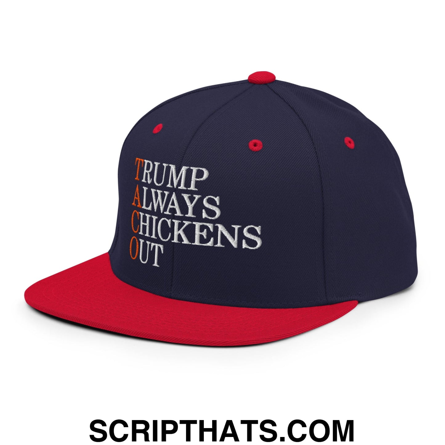 TACO Trump Always Chickens Out Embroidered Flat Bill Brim Snapback Hat Navy Red