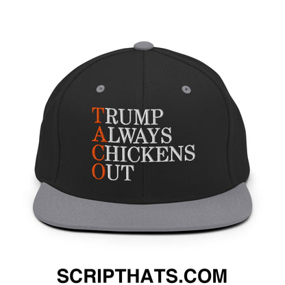 TACO Trump Always Chickens Out Embroidered Flat Bill Brim Snapback Hat Black Silver