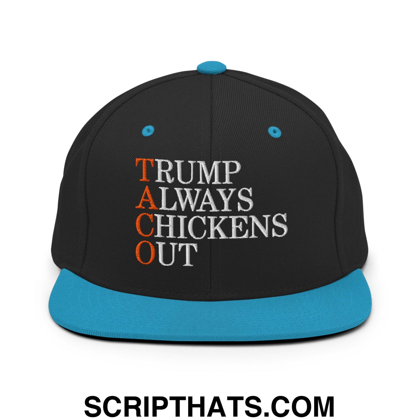 TACO Trump Always Chickens Out Embroidered Flat Bill Brim Snapback Hat Black Teal