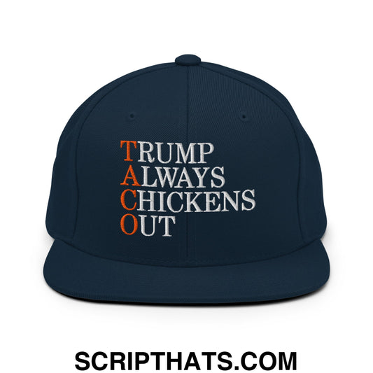 TACO Trump Always Chickens Out Embroidered Flat Bill Brim Snapback Hat Dark Navy