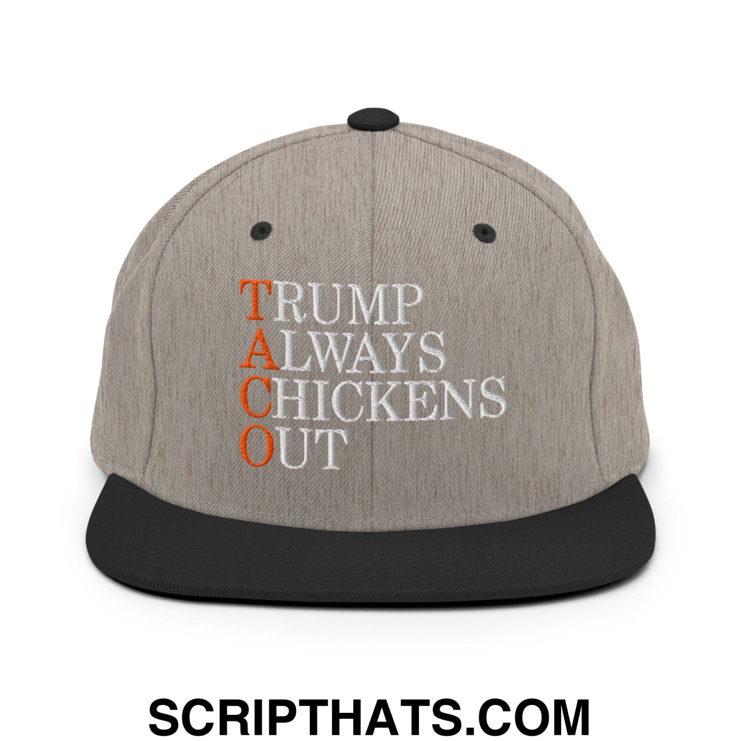 TACO Trump Always Chickens Out Embroidered Flat Bill Brim Snapback Hat Heather Black