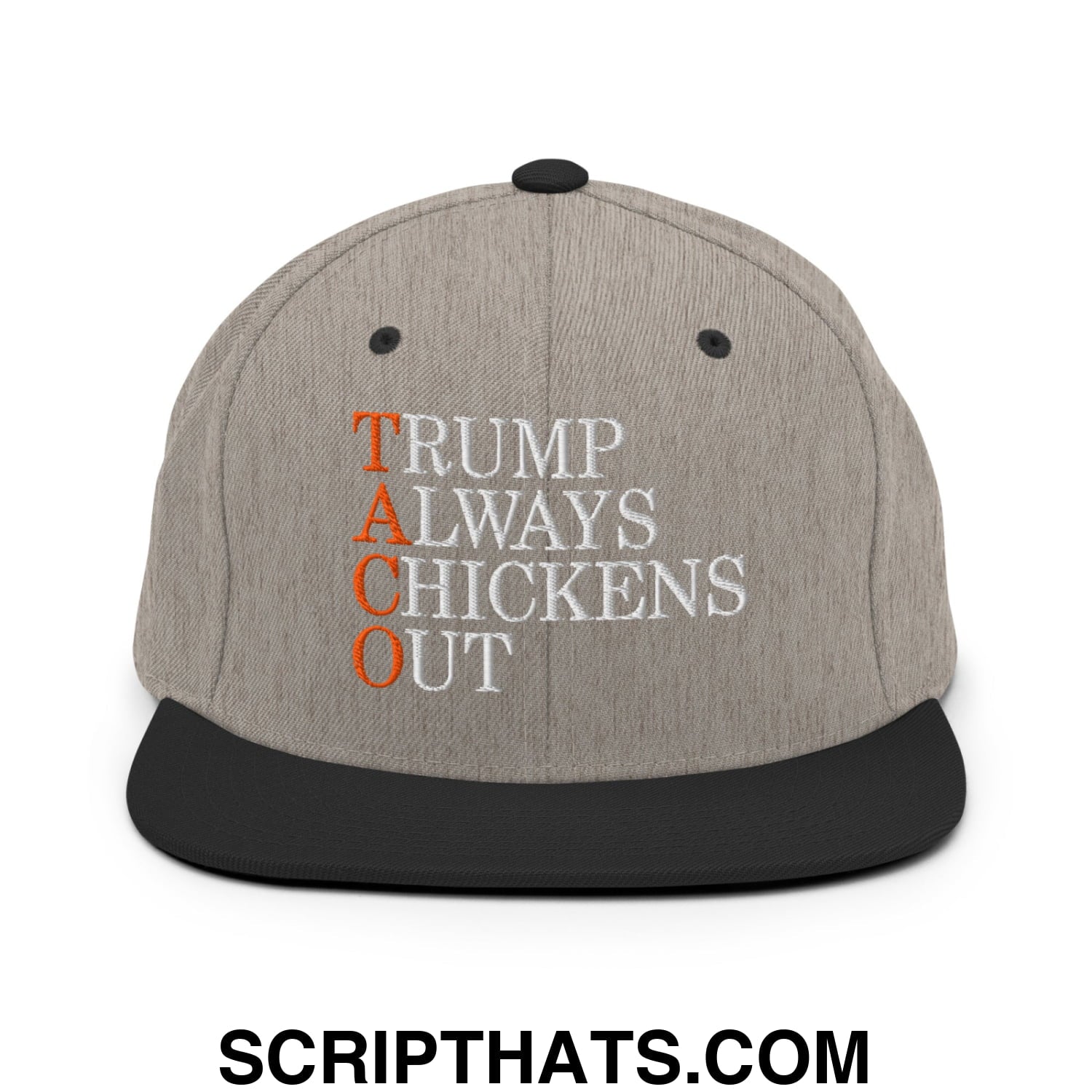 TACO Trump Always Chickens Out Embroidered Flat Bill Brim Snapback Hat Heather Black