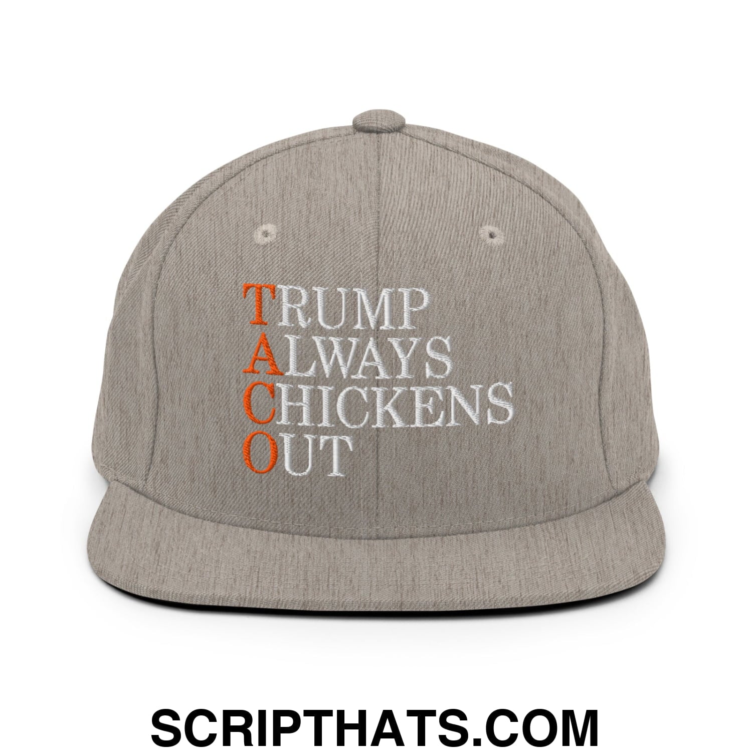 TACO Trump Always Chickens Out Embroidered Flat Bill Brim Snapback Hat Heather Grey