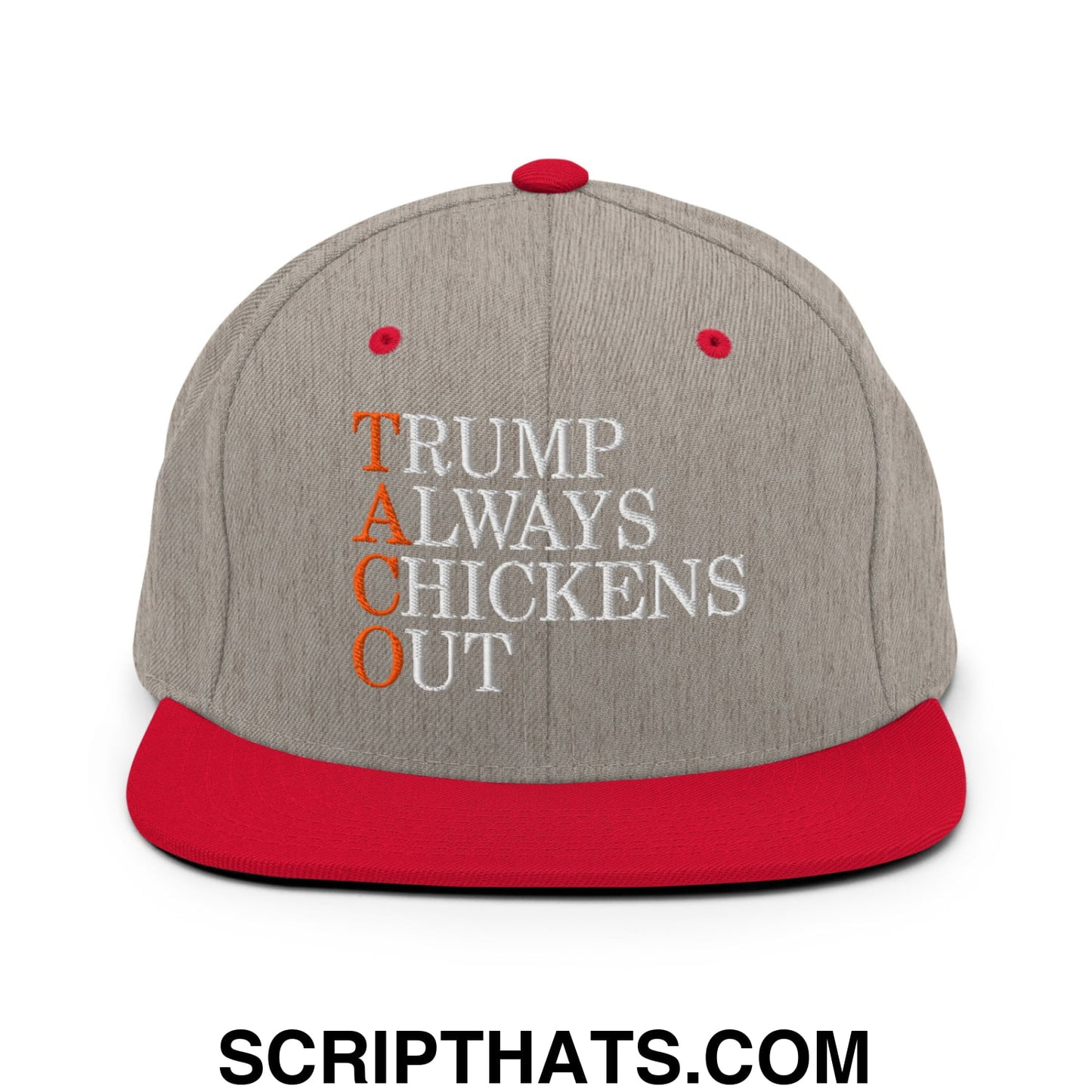 TACO Trump Always Chickens Out Embroidered Flat Bill Brim Snapback Hat Heather Grey Red