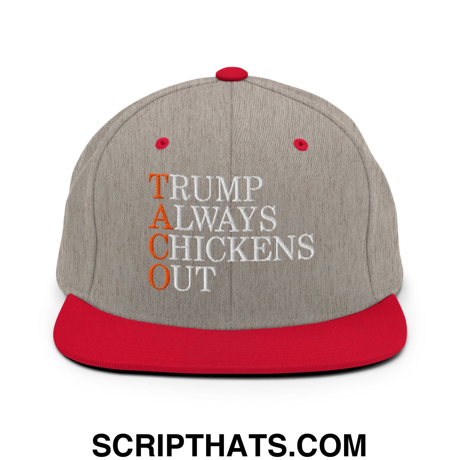TACO Trump Always Chickens Out Embroidered Flat Bill Brim Snapback Hat Heather Grey Red
