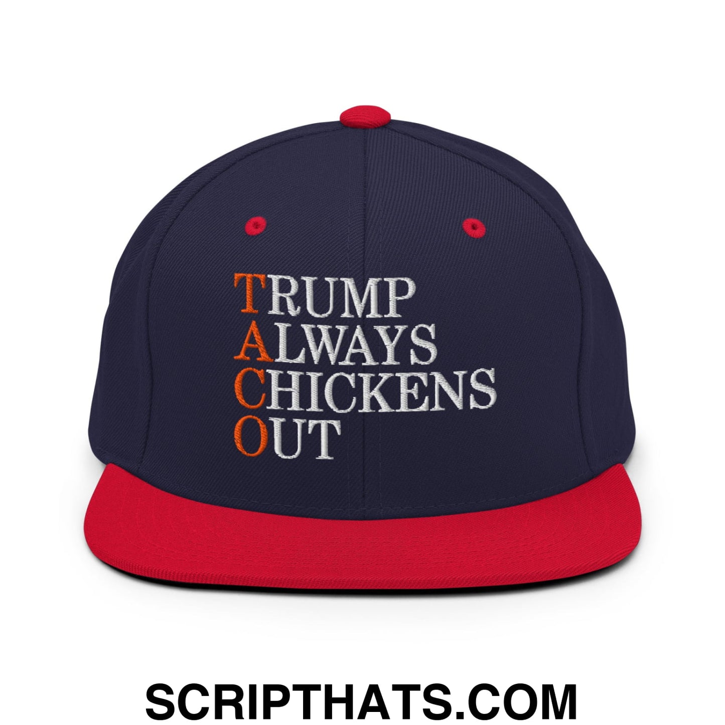 TACO Trump Always Chickens Out Embroidered Flat Bill Brim Snapback Hat Navy Red