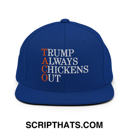 TACO Trump Always Chickens Out Embroidered Flat Bill Brim Snapback Hat Royal Blue