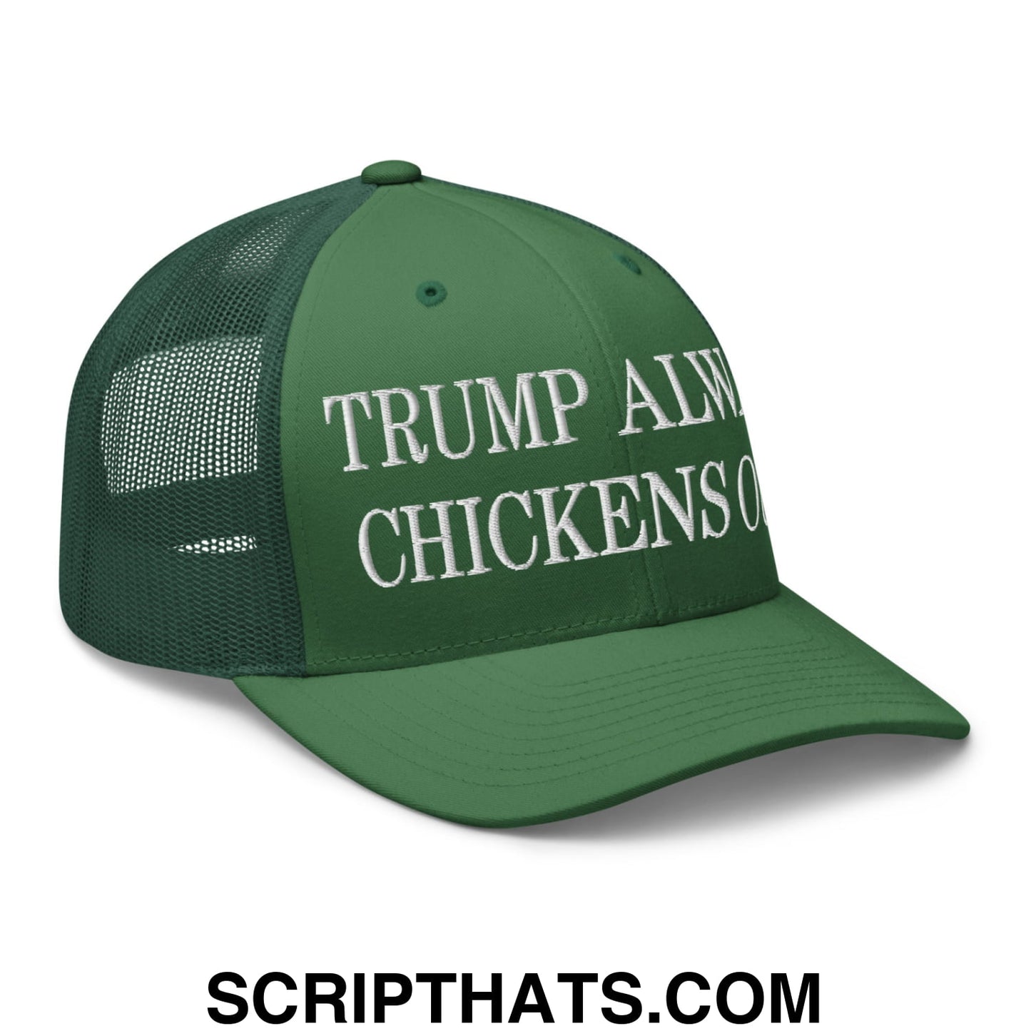 TACO Trump Always Chickens Out MAGA Parody Embroidered Mesh Trucker Hat Evergreen