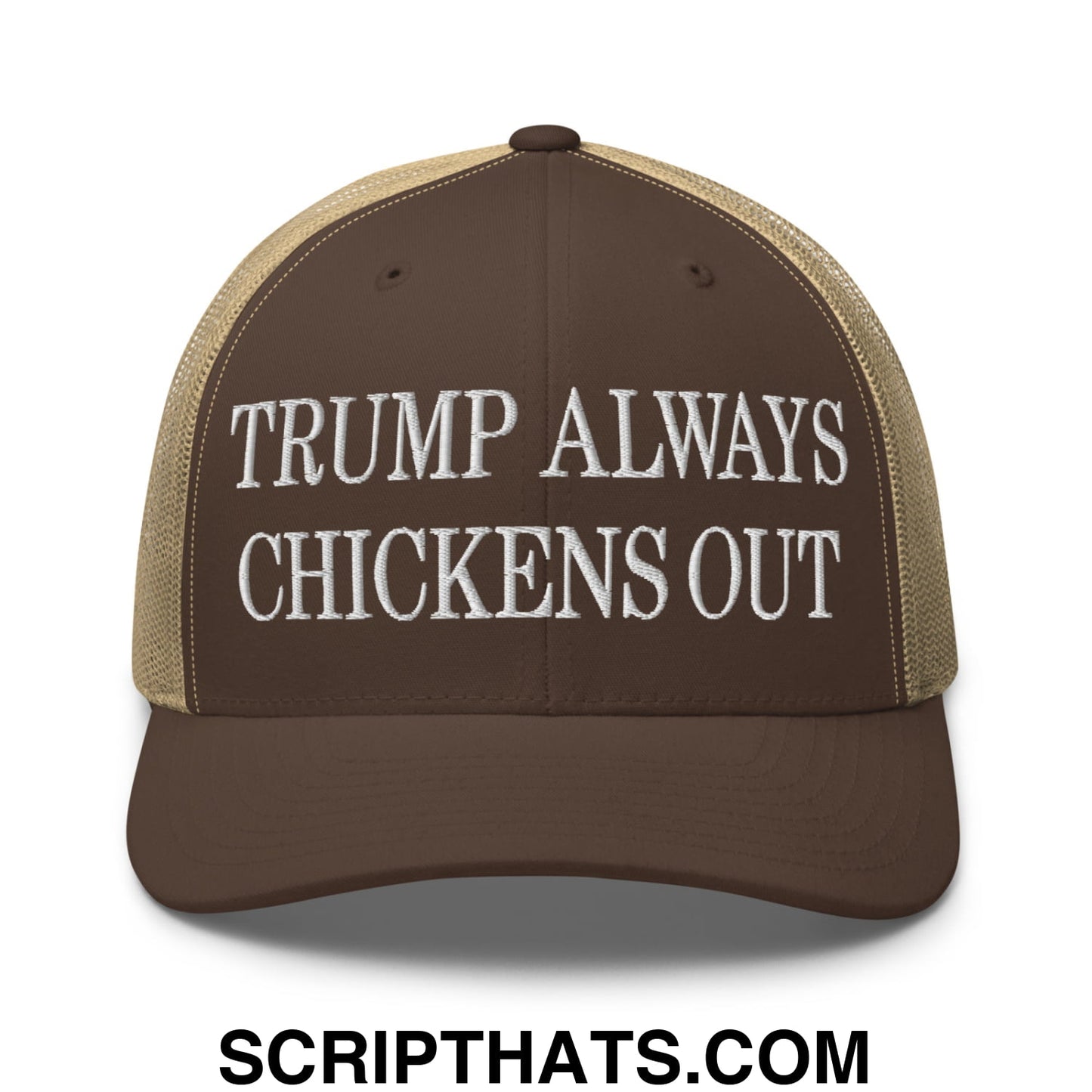 TACO Trump Always Chickens Out MAGA Parody Embroidered Mesh Trucker Hat Brown Khaki