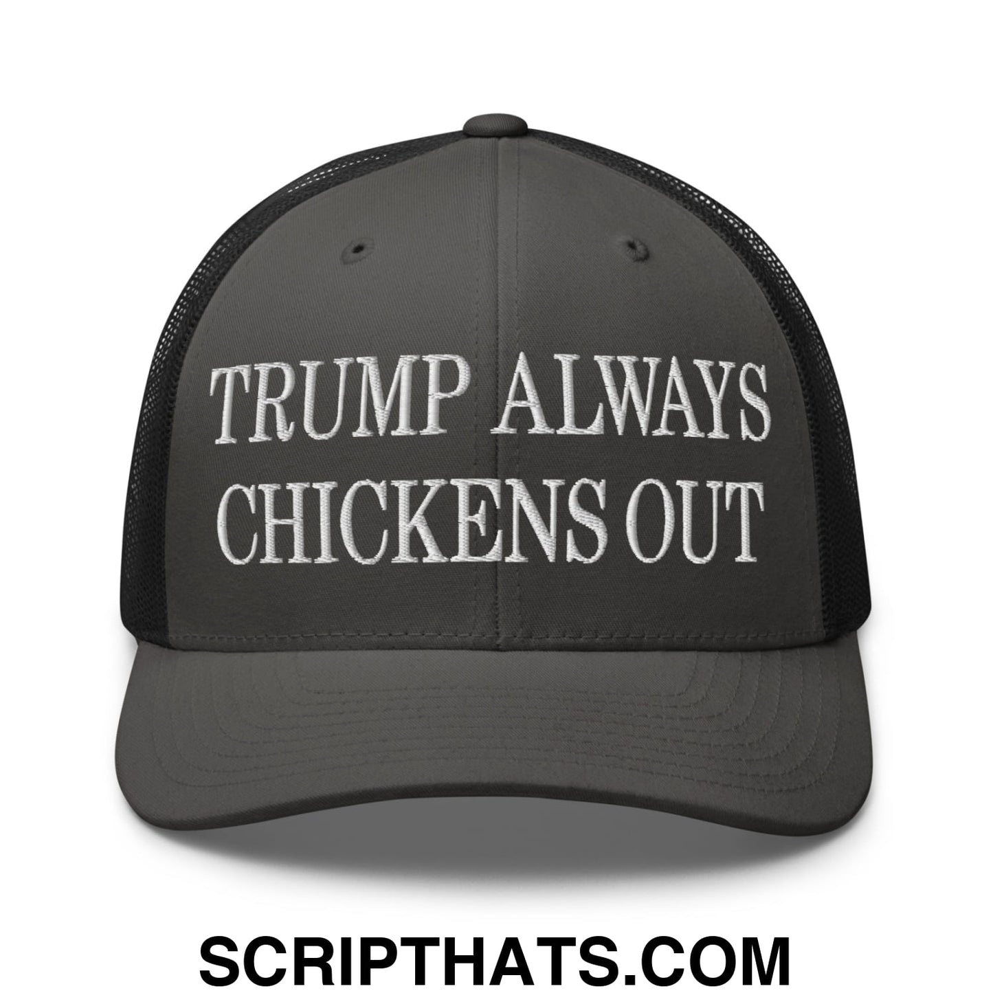 TACO Trump Always Chickens Out MAGA Parody Embroidered Mesh Trucker Hat Charcoal Black