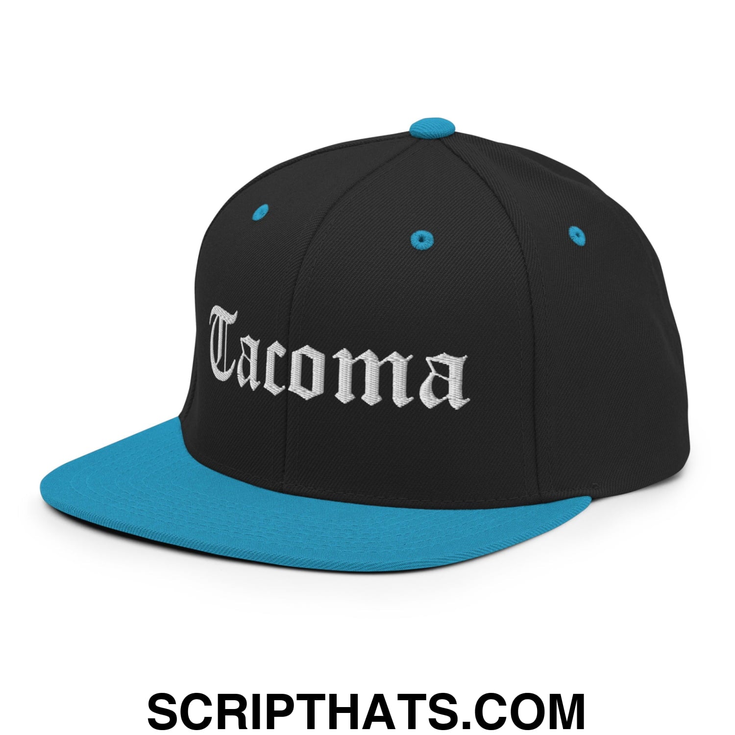 Tacoma Old English Embroidered Flat Bill Brim Snapback Hat Black Teal