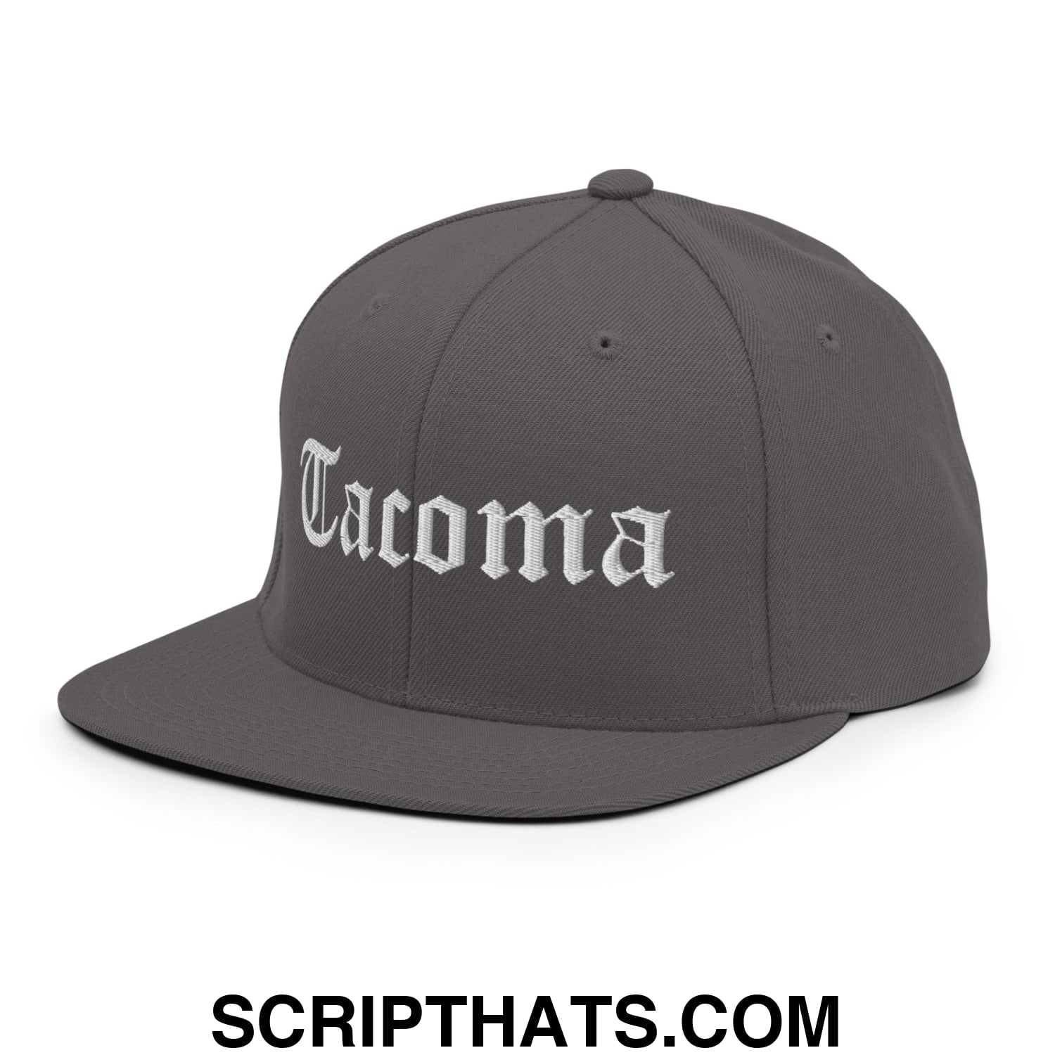 Tacoma Old English Embroidered Flat Bill Brim Snapback Hat Dark Grey