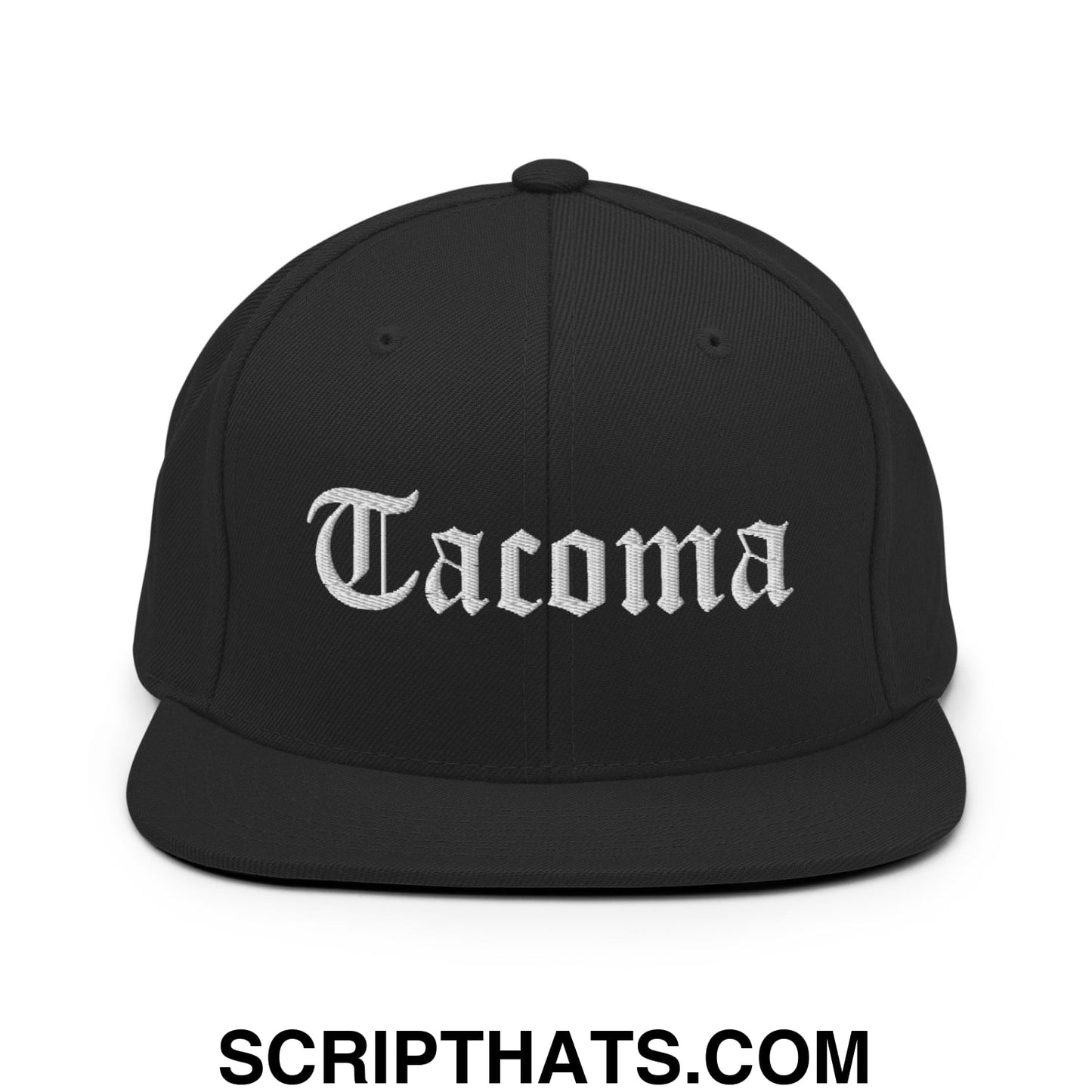 Tacoma Old English Embroidered Flat Bill Brim Snapback Hat Black