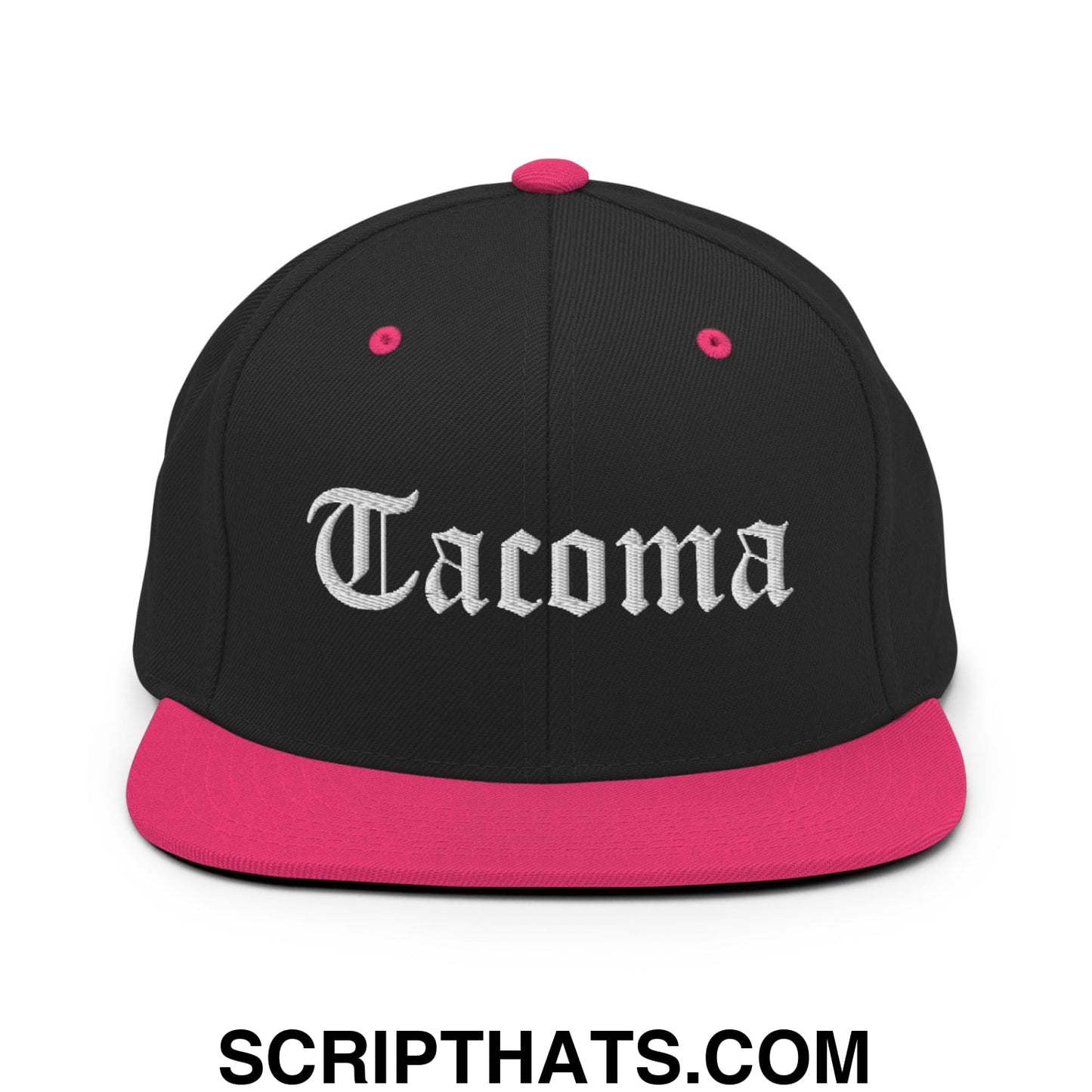 Tacoma Old English Embroidered Flat Bill Brim Snapback Hat Black Neon Pink