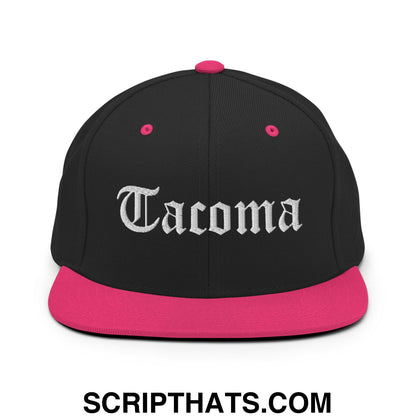Tacoma Old English Embroidered Flat Bill Brim Snapback Hat Black Neon Pink