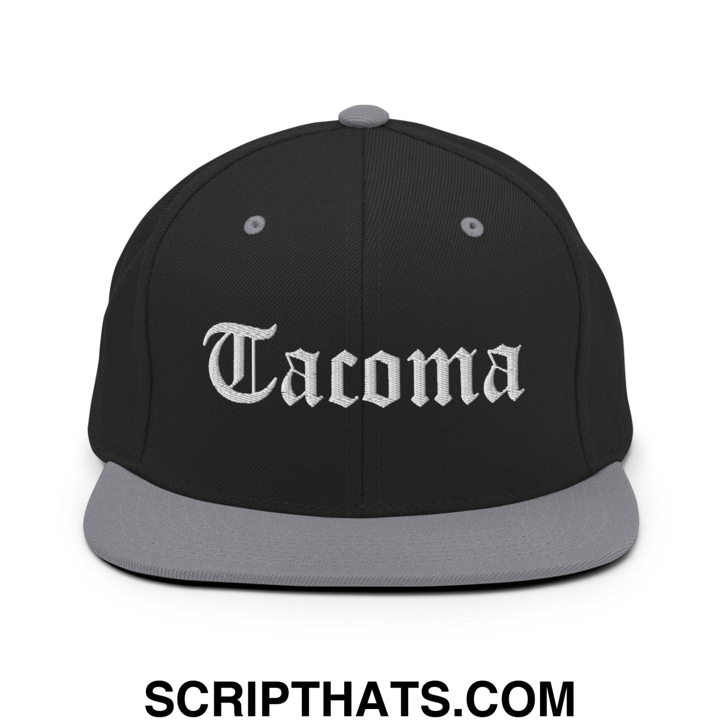 Tacoma Old English Embroidered Flat Bill Brim Snapback Hat Black Silver