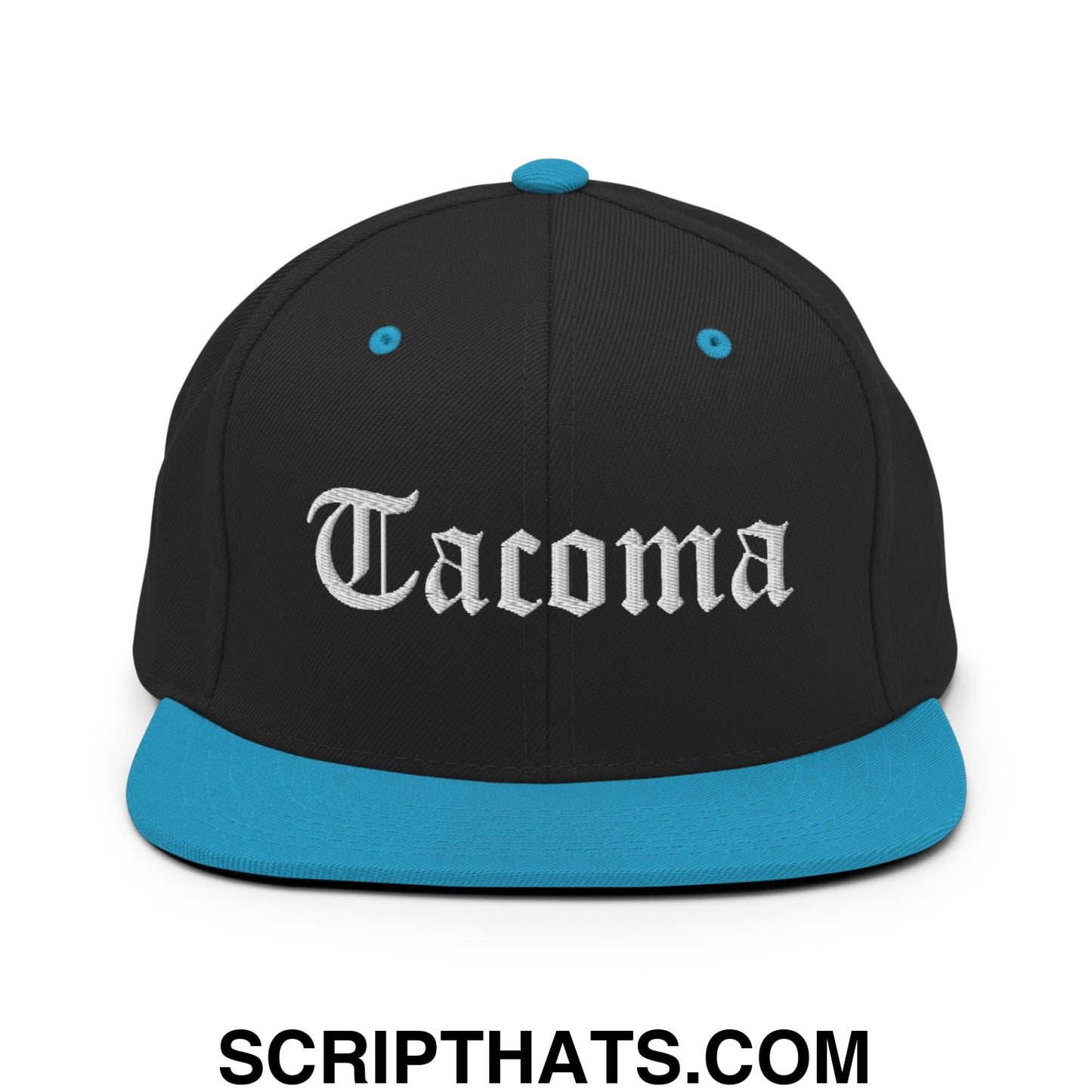 Tacoma Old English Embroidered Flat Bill Brim Snapback Hat Black Teal