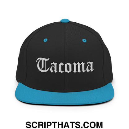 Tacoma Old English Embroidered Flat Bill Brim Snapback Hat Black Teal