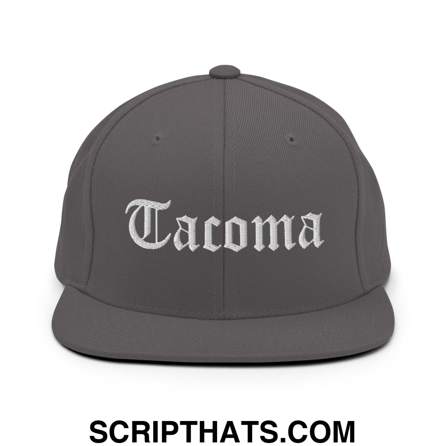 Tacoma Old English Embroidered Flat Bill Brim Snapback Hat Dark Grey