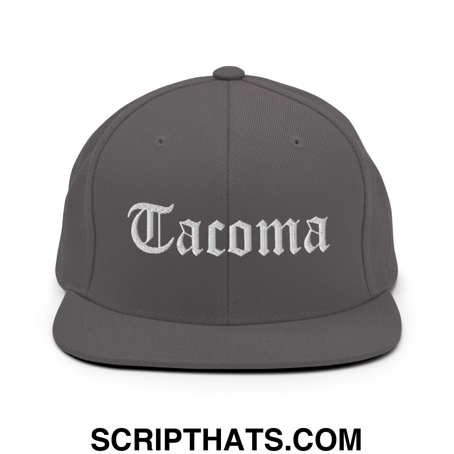 Tacoma Old English Embroidered Flat Bill Brim Snapback Hat Dark Grey