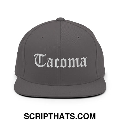 Tacoma Old English Embroidered Flat Bill Brim Snapback Hat Dark Grey