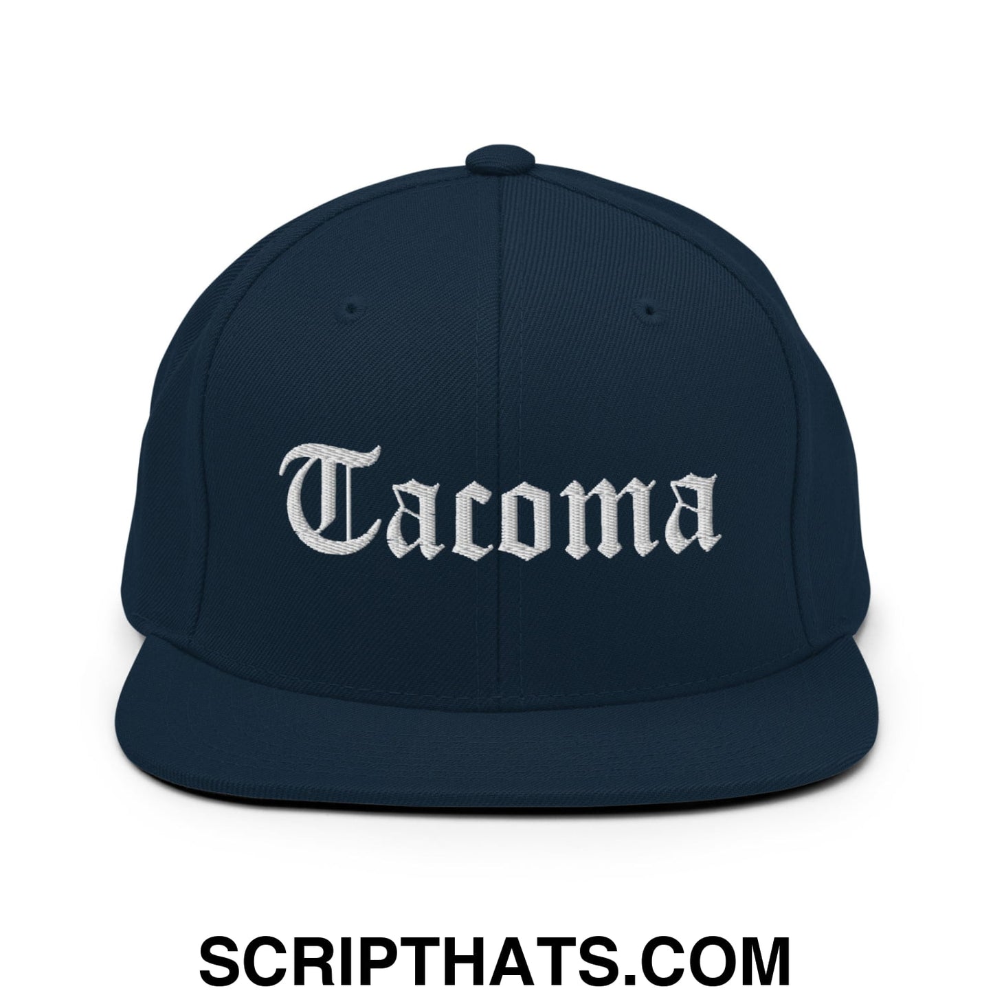 Tacoma Old English Embroidered Flat Bill Brim Snapback Hat Dark Navy