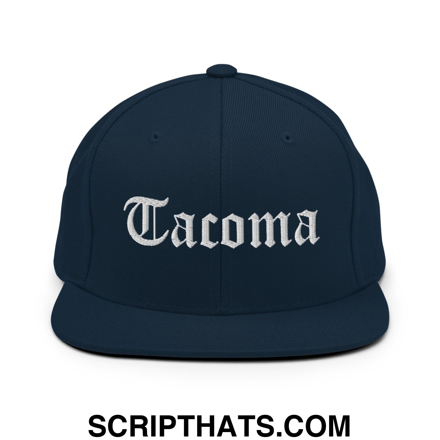 Tacoma Old English Embroidered Flat Bill Brim Snapback Hat Dark Navy